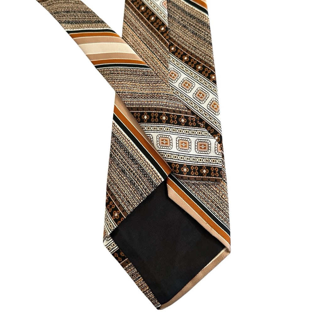 Vintage 1970s Geometric Necktie Wide Blade Brown Tan Mod Disco Era - Picture 2 of 5